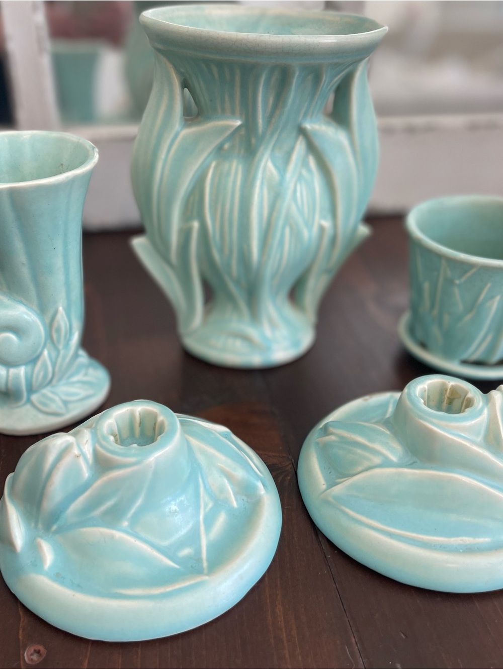 Vintage McCoy Turquoise Ceramic Vase and Accent Set — Soft Aqua Glaze